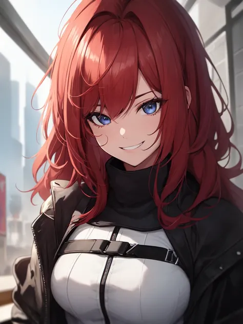 (best quality),(ultra detailed),(extremely detailed),(absolutely resolution) ,absurdres,8k, 1girl, mage, holding stuff, grin, ultra detailed eyes, long hair, messy hair, (red hair:1.2), 