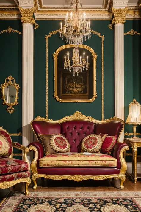 18th century, baroque style furniture art, leather upholstery and colorful, living room seating group and a fire-filled fireplace on the side, what is there?