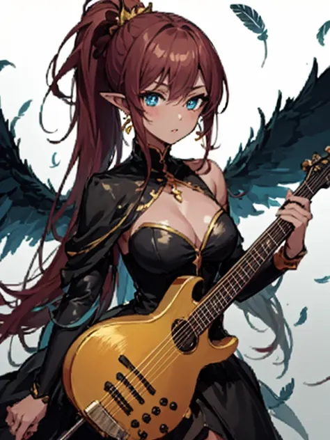 Masterpiece, best quality, expressive eyes, perfect face, an anime girl holding a red banjo and dressed in costume, 1 girl, breasts, instrument, solo, pointy ears, wings, jewelry, earrings, blue eyes, dress, dark skin, ponytail, dark-skinned female, holdin...