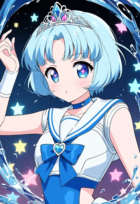 Sailor Senshi Clothing、Modern anime style、Sailor Mercury、Mizuno Ami、one person、、Light blue hair、Short Bob、Shaggy ends、The hair ends are a little longer、The background is in the water、The ribbon on the chest is blue、The jewels in the tiara are blue、The chok...