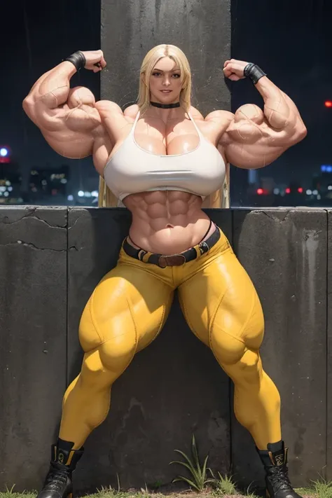 (((((Massive tall, beautiful, buff, wet, light brown skinned muscular goddess woman with wet yellow hair, black lipstick, ginormous bulky muscles, leaning on a wall and wearing a tight black sports bra with yellow tight denim pants))))), close view, massiv...