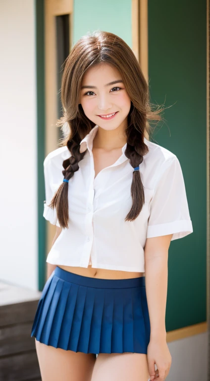 ((highest quality, 8k, masterpiece: 1.3)), 1 person, Slim and toned abs, beautiful naked Japan schoolgirl: 1.3, Full body type, Japan uniform, full open shirt, Shirts on the skin, Dark blue pleats, Super Mini Skirt, panties show, (Smooth long hair in a bra...