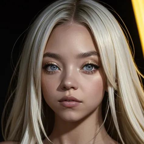 Sydney Sweeney, mksks style, 1girl, cute, surrounded by yellow lighting, gold eyes, white hair, black background, closeup, no smile, masterpiece, ultra detailed