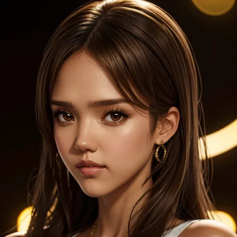 Jessica Alba, mksks style, 1girl, cute, surrounded by yellow lighting, brown eyes, brown hair, black background, closeup, no smile, masterpiece, ultra detailed