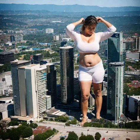 Eine nackte Frau, stands in destroyed city, higher than buildings (gts), looks down at her big belly 