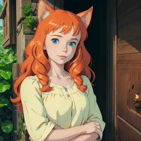 (best quality,4k,8k,highres,masterpiece:1.2), ultra-detailed, realistic:1.37, young solo girl, detailed blue eyes, cat ears, cat tail, freckles, cute, orange hair, long wavy hair, portrait, vibrant colors, soft lighting