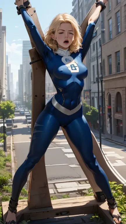 (Highly quality, masterpiece, detailed), city detailed scenario, city detailed background, (x shaped pasting stand), (hands up, spread hands, in stocks pose:1.5), 1girl, Susan Storm, blue eyes, blonde hair, full body blue bodysuit, sleeves, perfect face, b...