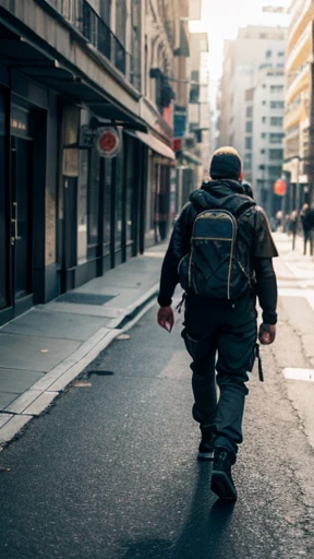 A person wearing survival gear and sunglasses is walking towards me.