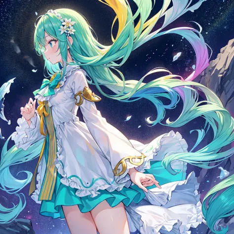 Depth of field, profile, neat figure, beautiful detailed girl, little, colored inner long hair, beautiful Iridescence and rainbow hair, crying, green pupils, small breast with flower, frilled dress, cyan color scheme Clothes,