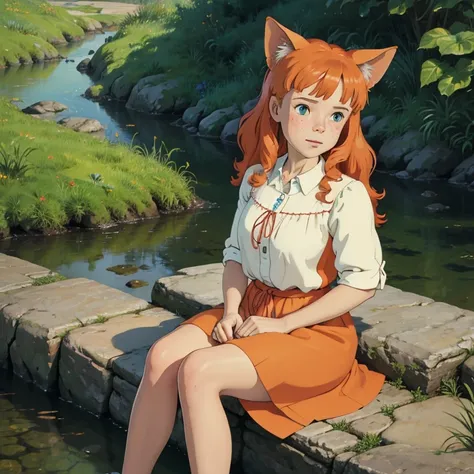 (best quality,4k,8k,highres,masterpiece:1.2), ultra-detailed, realistic:1.37, young solo girl, detailed blue eyes, cat ears, cat tail, freckles, cute, orange hair, long wavy hair, portrait, vibrant colors, soft lighting, Country, wearing a dress