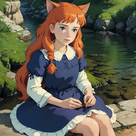 (best quality,4k,8k,highres,masterpiece:1.2), ultra-detailed, realistic:1.37, young solo girl, detailed blue eyes, cat ears, cat tail, freckles, cute, orange hair, long wavy hair, portrait, vibrant colors, soft lighting, Country, wearing a dress