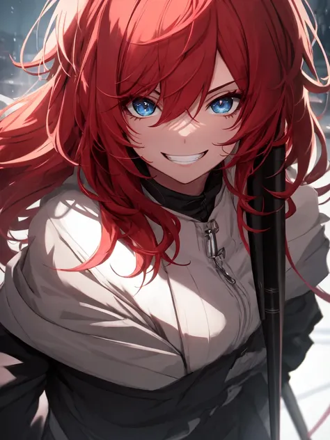 (best quality),(ultra detailed),(extremely detailed),(absolutely resolution) ,absurdres,8k, 1girl, wizard, holding cane, grin, ultra detailed eyes, long hair, messy hair, (red hair:1.2), 