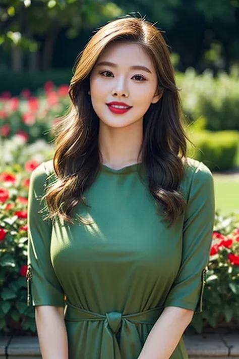 Draw the lips correctly, red lipstick, from the chest up, the best quality, Super detailed, lifelike, Super smooth skin, perfect anatomy, (1 beautiful Asian woman, (by herself), Wear a high-end green round neck dress with floral patterns, short sleeves, lo...