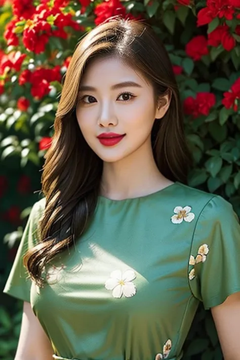 Draw the lips correctly, red lipstick, from the chest up, the best quality, Super detailed, lifelike, Super smooth skin, perfect anatomy, (1 beautiful Asian woman, (by herself), Wear a high-end green round neck dress with floral patterns, short sleeves, lo...