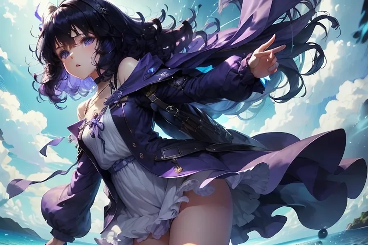 Fantasy,Bright,blue sky,white cloud,Lighten the sky,Girl,teenager,Full body view,Floating in the sky,Hover,Point your right finger at the left frame:1.8,Facing left:1.8,Purple clothes,short hair,Curly hair,Black Hair,Angry,Spiky Tiara