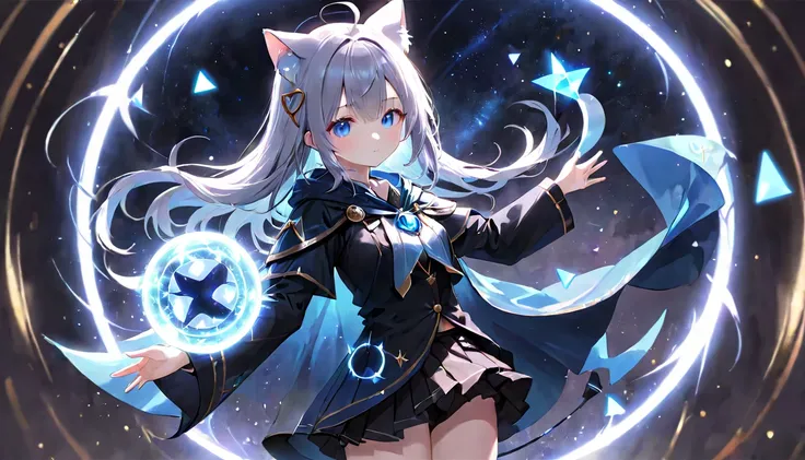 (masterpiece, best quality, very aesthetic, absurdres,general) , 1girl, solo, shot  wizards cloak,shot wizards trousers,shot skirt:1.2),BREAK,The girl is using magic,Glowing triangular magic circle,,cute girl、Girl with clear eyes、Straight long hair,cat ear