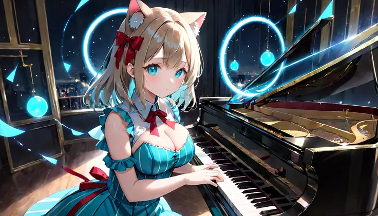 (masterpiece, best quality, very aesthetic, absurdres,general) ,
1girl, solo,、music room、Girl playing classical piano、Cat ear、clear eyes,artificial intelligence,Glowing triangular magic circle,Sad expression,BREAK ,beautiful girl, big breasts, bule cut dre...