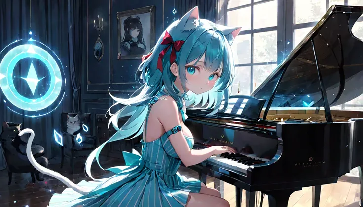 (masterpiece, best quality, very aesthetic, absurdres,general) ,
1girl, solo,、music room、Girl playing classical piano、Cat ear、clear eyes,artificial intelligence,Glowing triangular magic circle,Sad expression,BREAK ,beautiful girl, big breasts, bule cut dre...