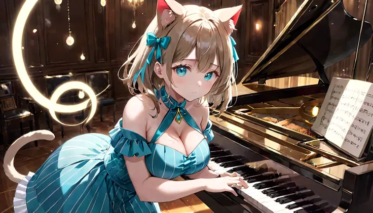 (masterpiece, best quality, very aesthetic, absurdres,general) ,
1girl, solo,、music room、Girl playing classical piano、Cat ear、clear eyes,artificial intelligence,Glowing triangular magic circle,Sad expression,BREAK ,beautiful girl, big breasts, bule cut dre...