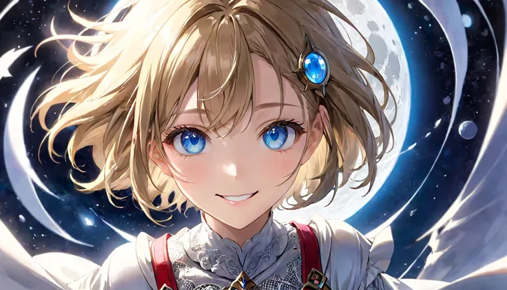 masterpiece, highest quality, Super detailed, figure,1 girl, looking at the viewer, highest quality,Depth of the bounds written,(closed mouth,light smile,blue eyes:1.1) BREAK  on the moon 