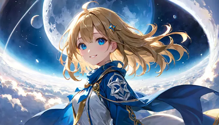 masterpiece, highest quality, Super detailed, figure,1 girl, looking at the viewer, highest quality,Depth of the bounds written,(closed mouth,light smile,blue eyes:1.1) BREAK  on the moon 