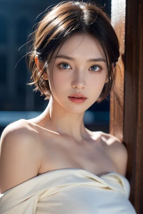 Tight black top:1.2, looking at the audience, movie lighting, perfect, soft light, high resolution skin:1.2, Realistic skin texture, realistic face, Off the shoulders, Naked ditch, blue eyes, short hair, Dark brown hair、Small face、Bust B cup、