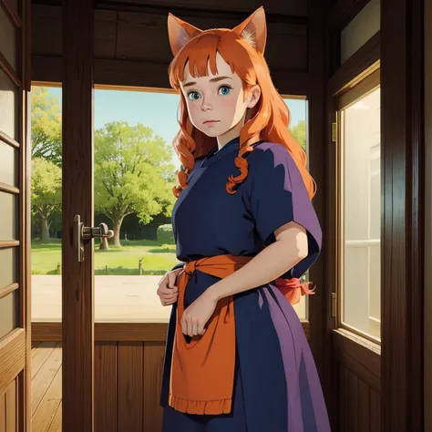 (best quality,4k,8k,highres,masterpiece:1.2), ultra-detailed, realistic:1.37, young solo girl, detailed blue eyes, cat ears, cat tail, freckles, cute, orange hair, long wavy hair, portrait, vibrant colors, soft lighting, Country, wearing a dress, tradition...