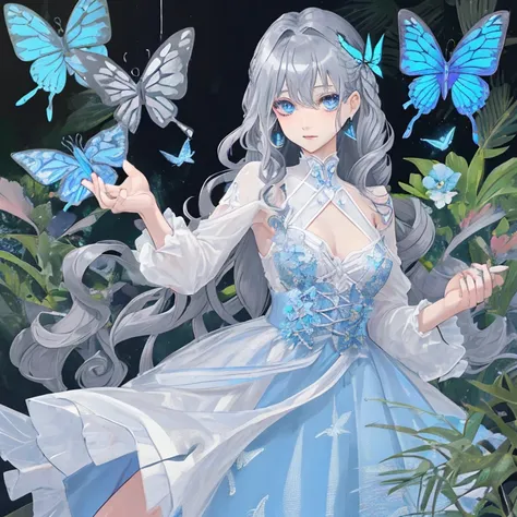 Gray Hair，Long Hair，butterfly，青いbutterfly，Blue Eyes，curly hair，dress，Earrings