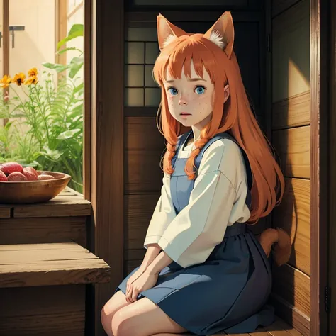 (best quality,4k,8k,highres,masterpiece:1.2), ultra-detailed, realistic:1.37, young solo girl, detailed blue eyes, cat ears, cat tail, freckles, cute, orange hair, long wavy hair, portrait, vibrant colors, soft lighting, Country, wearing a dress, tradition...