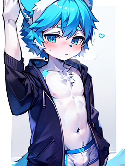 1 boy, Wolf,young people，Blue fur, young people, blue eyes, Messy hair, blue white hair, short hair, masterpiece，Topless，Plain white briefs，blush，Looking at the camera