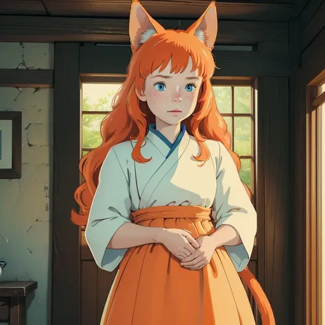 (best quality,4k,8k,highres,masterpiece:1.2), ultra-detailed, realistic:1.37, young solo girl, detailed blue eyes, cat ears, cat tail, freckles, cute, orange hair, long wavy hair, portrait, vibrant colors, soft lighting, Country, wearing a dress, tradition...