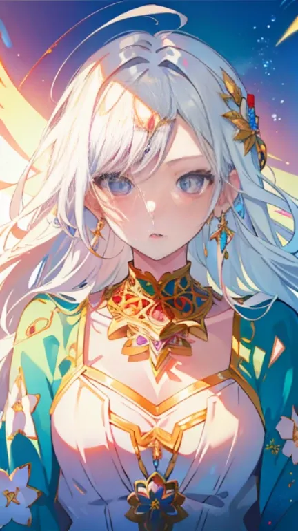 1girl, anime style, masterpiece, best quality, high saturation, sharper image, detailed, intricate detail, (jewelry:1.5), flowers, dynamic pose, jewelry, jewelry, dynamic clothes, dynamic hair color, dynamic white hair color, 