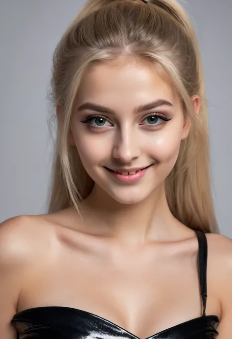 hyperrealistic beautiful 18-year-old women in shiny black bare shoulder short minidress, model shooting full body photography, very long blonde straight ponytail, dark eye makeup with eyeliner, seductive smile, flashing , 8K, best quality, Meisterwerk, ult...