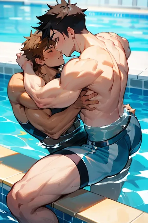 2 Hombre, muscular, sensuales, gays, besandose, en la piscina