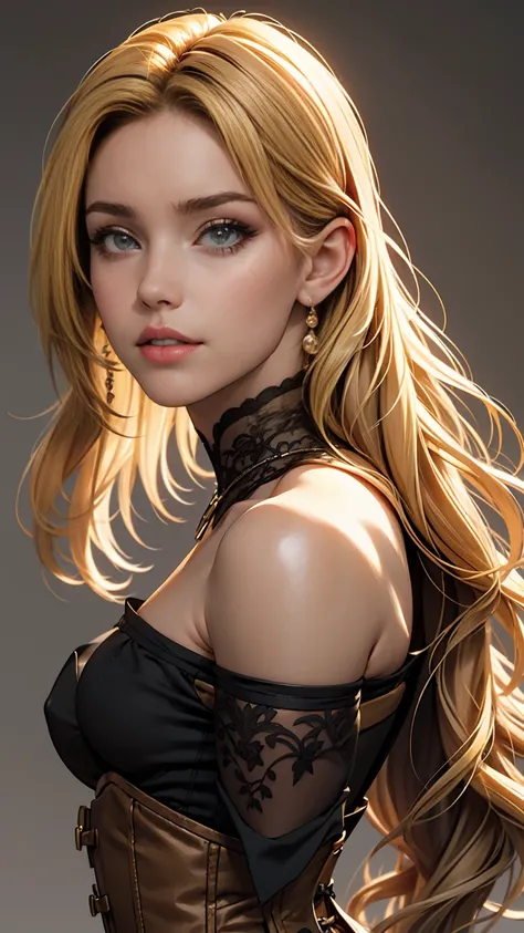 One girl, alone, View your viewers, Blonde long hair, Wearing a corset, Big Ass, Brown eyes, Upper Body, Gray background, Normal , lips, Realistic, a konigsreuter