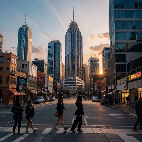 A city at sunset with tall buildings,luzes,people walking on the sidewalk, 