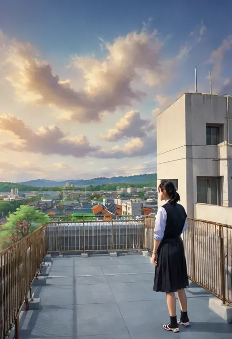 1girl,Person Standing on the Rooftop,aesthetic,okujyou,scenery,sky,fence,cloud,blue sky,outdoors,rooftop,building,day,cityscape,shadow,chain-link fence,city,(best quality,4k,8k,highres,masterpiece:1.2),ultra-detailed,(realistic,photorealistic,photo-realist...