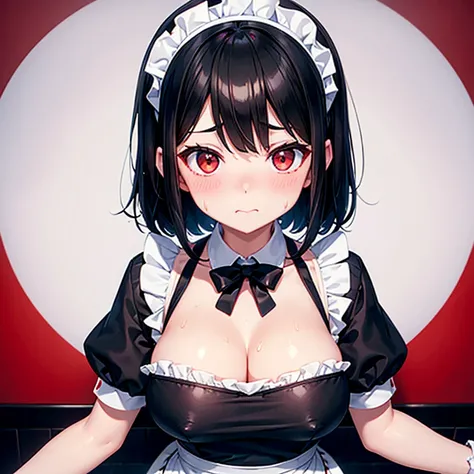 Highest quality、girl、Short black hair、Red and big eyes、White skin、Black bikini style maid outfit、Full body portrait、Embarrassed face、Sweat、The apron is being turned up、Full body portrait、upright
