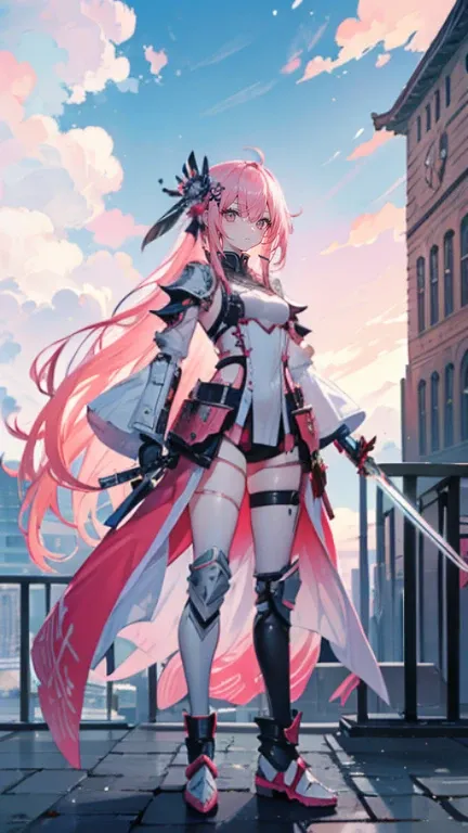 Coral pink hair，Long hair，hair over one eye，Gray eyes，feather hair ornament，cute，Girl，Mechanical Armor，Fantasy style，high tech盔甲，high tech，whole body，Standing on the ground，Samurai sword in hand，No fingers exposed，The background is the city，Blue sky and wh...