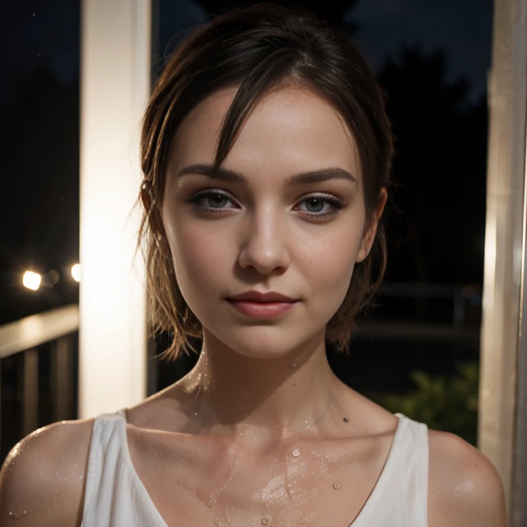 jeune femme de 25 ans, brune aux yeux bleu, posant, maquillage professionnel, White evening dress, wet fabric, de nuit, nuit noire, professional lighting,