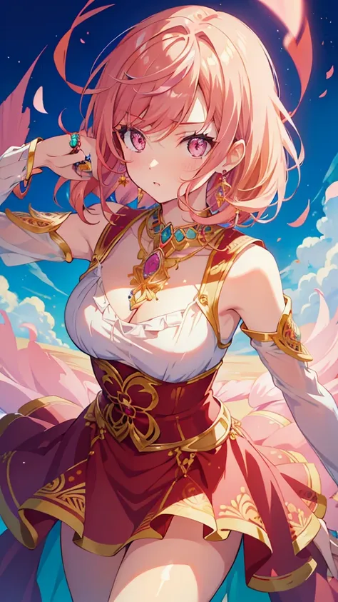 1girl, anime style, masterpiece, best quality, high saturation, sharper image, detailed, intricate detail, (jewelry:1.5), flowers, dynamic pose, jewelry, jewelry, dynamic clothes, dynamic hair color, dynamic pink hair color, 