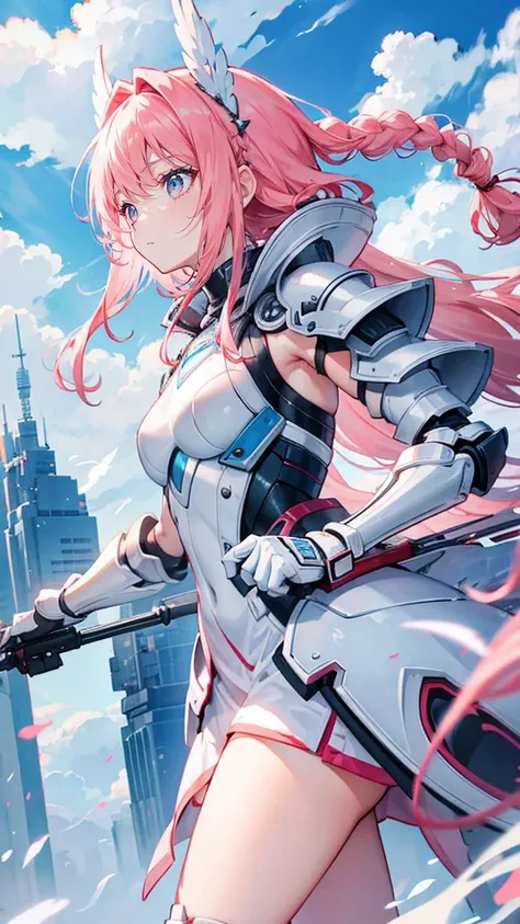 Coral Pink Hair，The hair is not very long，Princess Cut，There is a small braid，Hair between the eyes，，Gray eyes，Feather hair accessories，girl，Lovely，，White coat，Tech Armor，heavy armor，Sci-fi elements，Weapons in hand，whole body照，whole body，Fingers and arms a...