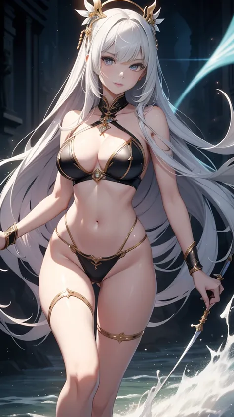 （（A beautiful young woman in skimpy silver bikini armor，Chinese，Seductive）），exquisite facial features，Three-dimensional facial features，Perfect face，（（beautiful eyes，Teeth white lip red，big breasts thin waist，long legs，slender arms，the bikini is silver）），m...