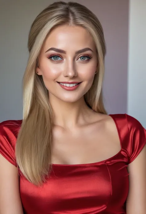 hyperrealistic beautiful 30-year-old women in shiny red short sleeve top and long skirt, model shooting full body photography, very long blonde straight ponytail, dark eye makeup with eyeliner, seductive smile, flashing , 8K, best quality, Meisterwerk, ult...