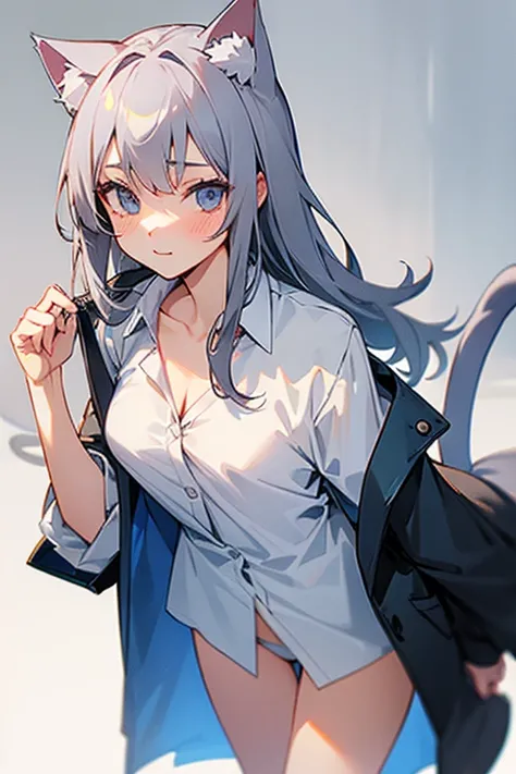 One girl, That will happen, View your viewers, Gray Hair, there is nothing, Cat ear, Cat&#39;s Tail, White shirt, Open clothes, Russian cities, ba-shiroko