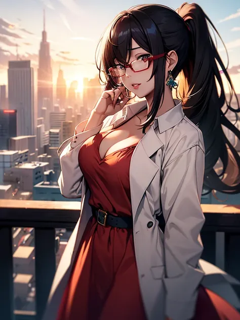 RedLongDress_Dragonaut_kitajima_yuuri_ownwaifu,
1girl, ponytail, sidelocks, rimless eyewear, long hair, very long hair, black hair, blue eyes, glasses, lips, mature female, pale skin, breasts, large breasts, lipstick, makeup, earrings, jewelry, rimless eye...