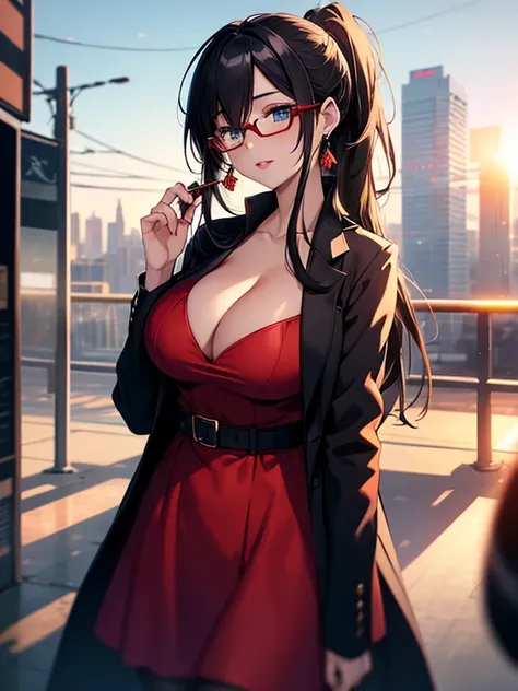 RedLongDress_Dragonaut_kitajima_yuuri_ownwaifu,
1girl, ponytail, sidelocks, rimless eyewear, long hair, very long hair, black hair, blue eyes, glasses, lips, mature female, pale skin, breasts, large breasts, lipstick, makeup, earrings, jewelry, rimless eye...