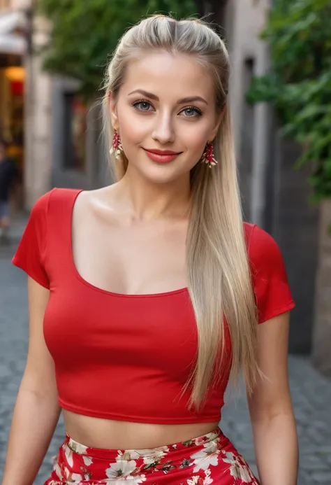 hyperrealistic beautiful 30-year-old women in shiny red short sleeve top and flowered long skirt, model shooting full body photography, very long blonde straight ponytail, dark eye makeup with eyeliner, seductive smile, flashing , 8K, best quality, Meister...