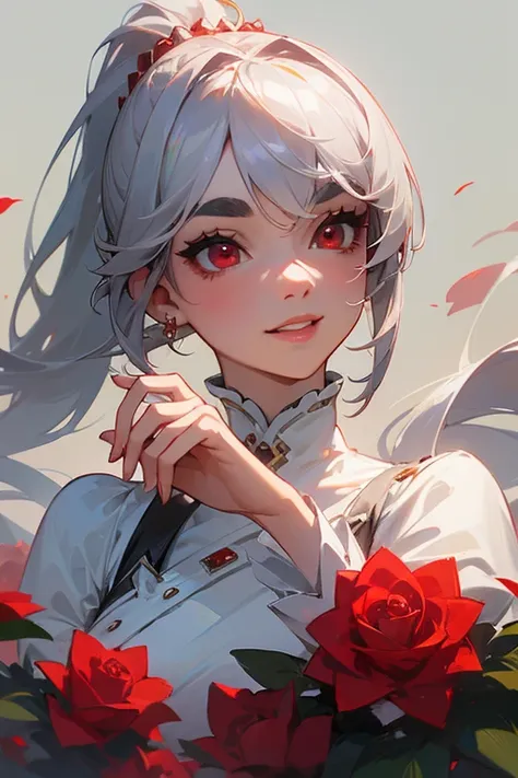 (highest quality, masterpiece:1.2), High resolution, Very detailed, Realistic:1.37, Fantasy, An illustration,Gray Hair、 Red eyes、Queen, White Dress、Platinum decoration、beautifully、Eyeshadow Red、Thick eyebrows、Long eyelashes、pupils are black、shiny on the li...