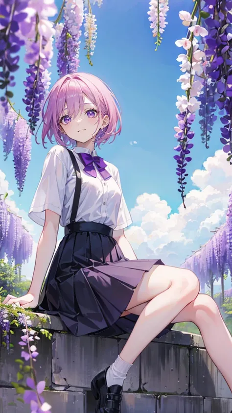 Pink hair，Purple Eyes，short hair，sister head，Black hairpin，Girl，cute，Laughing happy expression，White shirt，skirt，Sit on the ground and play，whole body，Dont show your arms，Background with wisteria，A lot of wisteria，Blue sky and white clouds